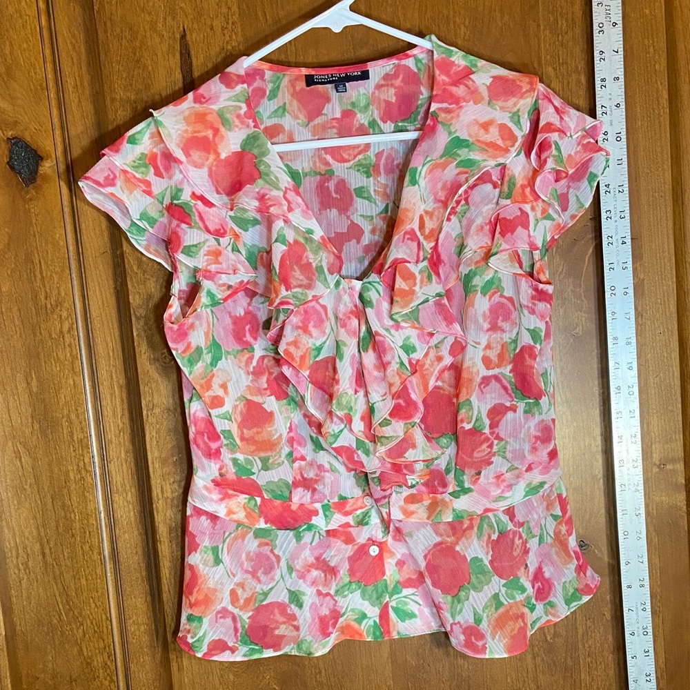 Jones New York Floral Ruffle Lightweight Sheer Button Up Short Sleeve Blouse